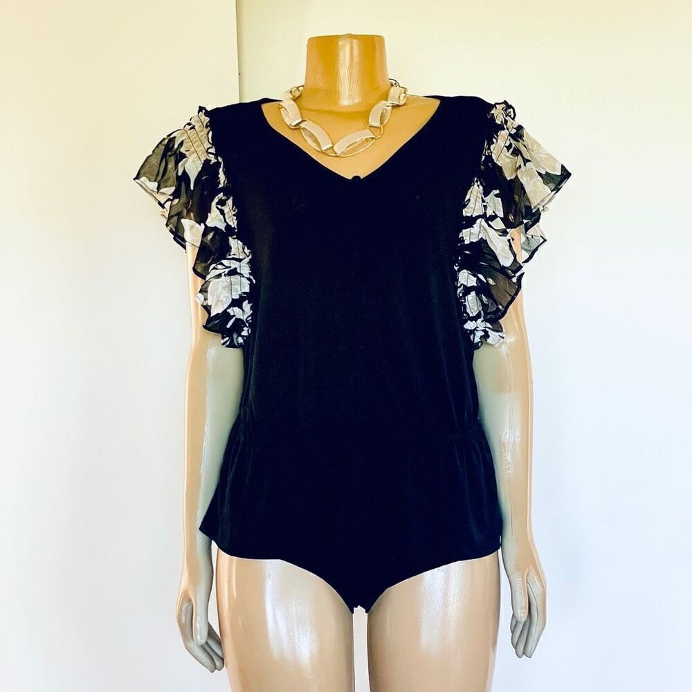 NWT Adrienne Vittadini L Stretch Black Tan Floral Chiffon Ruffle Short Sleeve